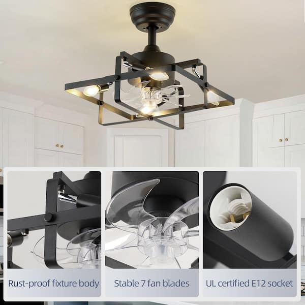 16 in. Farmhouse Black Ceiling Fan with Light Indoor Industrial Fandelier Ceiling Fan with Remote Reversible Fan Blades