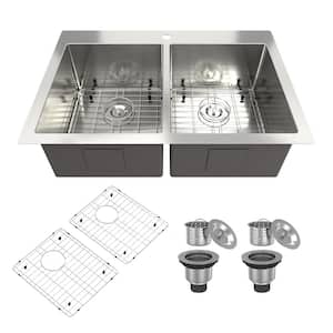 33 in. Drop-In Double Bowl 18 Gauge Brushed Stainless Steel Kitchen Sink with Bottom Grid and Basket Strainer