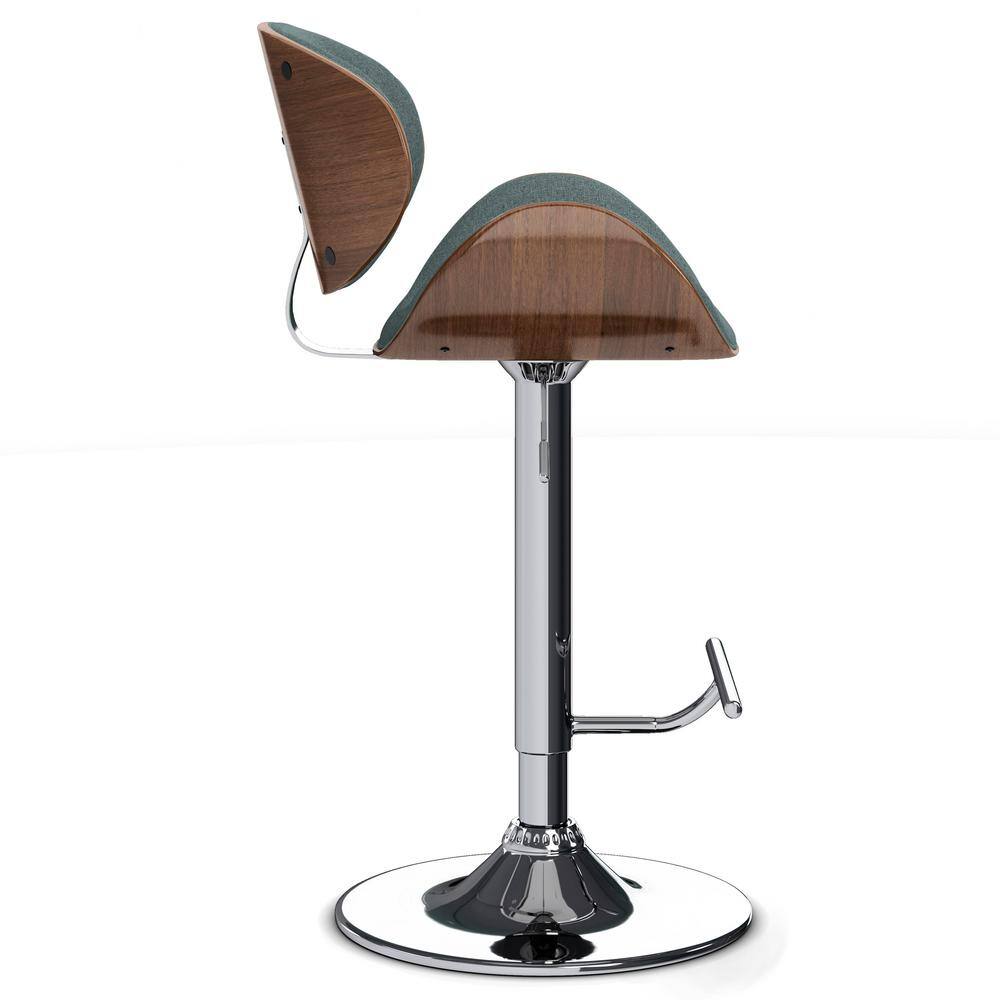 Light Turquoise Blue Linen Adjustable Swivel Bar Stool with Walnut Bentwood
