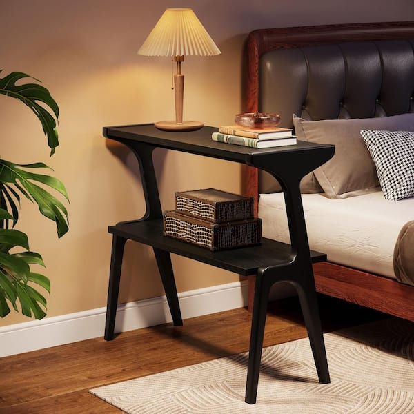 BYBLIGHT Kerlin 27. 56in. Black Rectangle Wood End Table Narrow Sofa Side Table with Shelves for Living Room, Bedroom