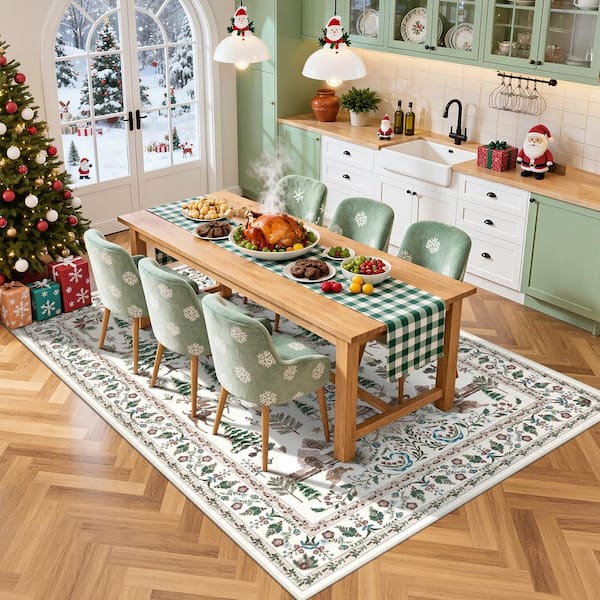 Washable Vintage Christmas Woodland Cabin Pattern Non Slip Beige 6 ft. x 9 ft. Living Room/Bedroom Indoor Area Rug