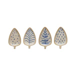 Blue and Ivory Stoneware Leaf Shaped Dishes with Painted Design (Set of 2)