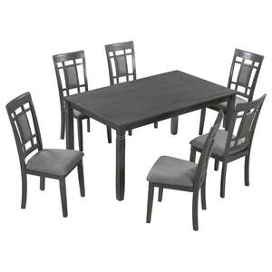 7-Piece Rectangle Gray Wood Top Dining Room Set Seats 6