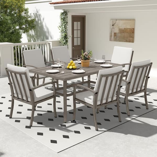 Serenity Gardens 7-Piece Aluminum Outdoor Dining Set with Rectangle Table and Gray Cushions