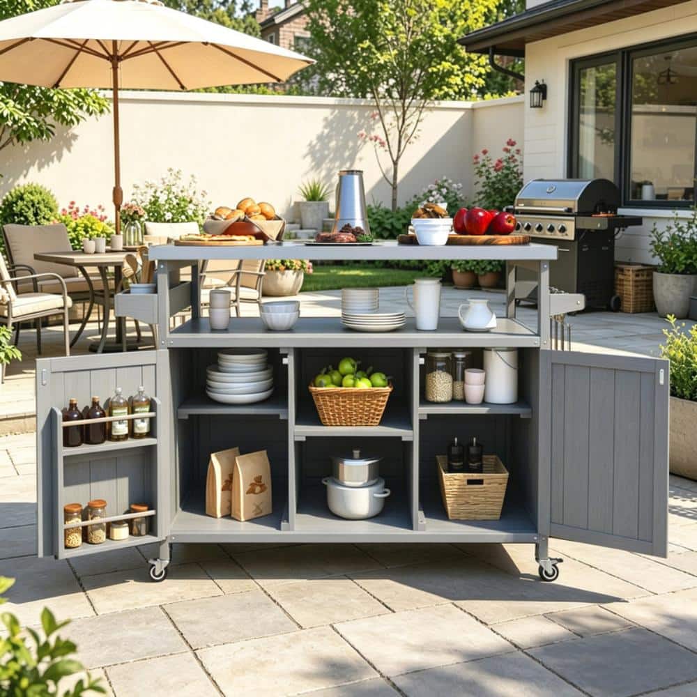 Farmhouse Outdoor Grill Cart, Rolling Bar Cart Grill Table With Stainless Steel Top,Spice Rack,Towel Rack price history on PriceWatchPro
