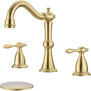 8 in. Widespread Bathroom Faucet Double Handle 3 Hole Lavatory Basin Sink Faucet with Overflow Drain, Brushed Gold