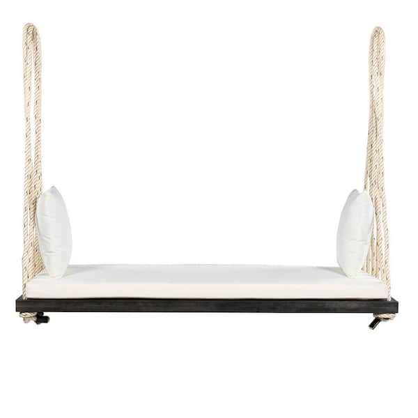 3-Person Patio Brown Wood Hanging Porch Swing Bench Chair With Beige Cushion and 10. 8 ft. Hemp Ropes