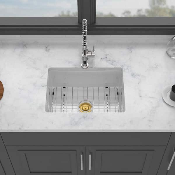 24 in. Undermount Single Bowl White Ceramic Kitchen Sink with Bottom Grids
