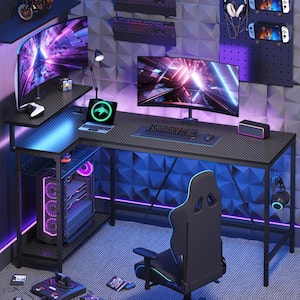 58 in. L-Shaped Black Carbon Fiber LED Gaming Desk with Storage Shelf and Power Outlets