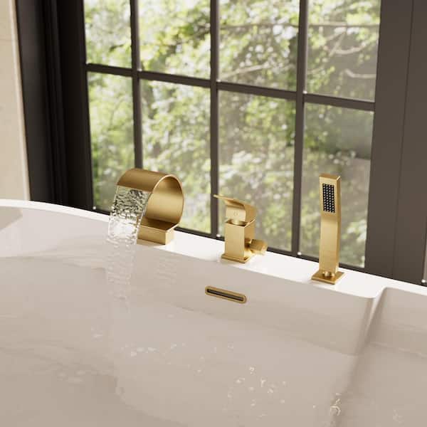 Waterfall 1-Handle Tub Deck Mount Roman Tub Faucet with Stainless Steel Handheld 2.5 GPM in Brushed Gold Valve Included