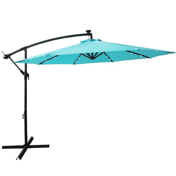 Unbranded 10 ft. Steel Offset Lighted Hanging Cantilever Solar Patio Umbrella with Cross Base in Blue