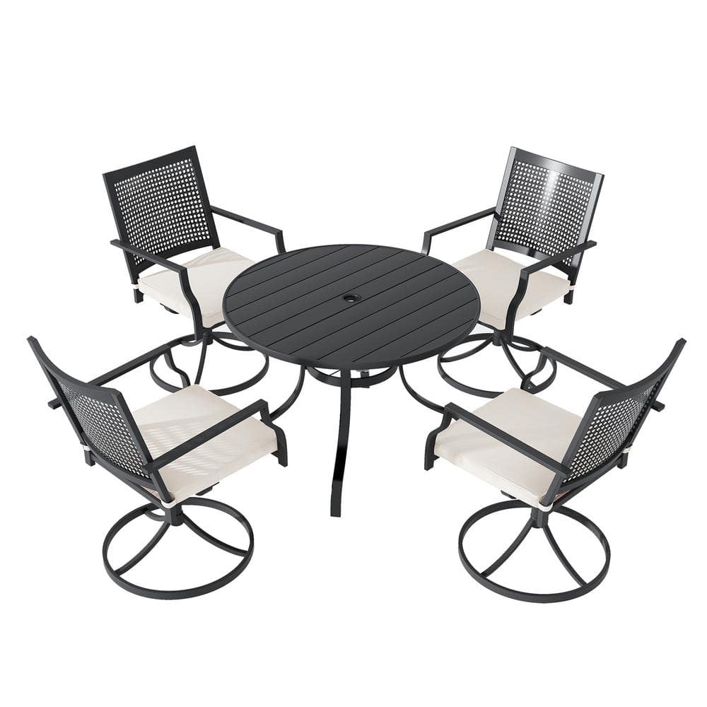 5-Piece Black Metal Outdoor Dining Set with Beige Cushions and Umbrella Hole -  Clihome, C3312T73A-CL