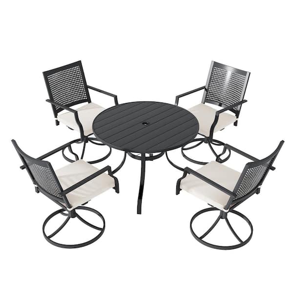 Clihome 5-Piece Metal Outdoor Dining Set with Swivel Chairs and Round Table, Umbrella Hole, Beige Textilene Cushions