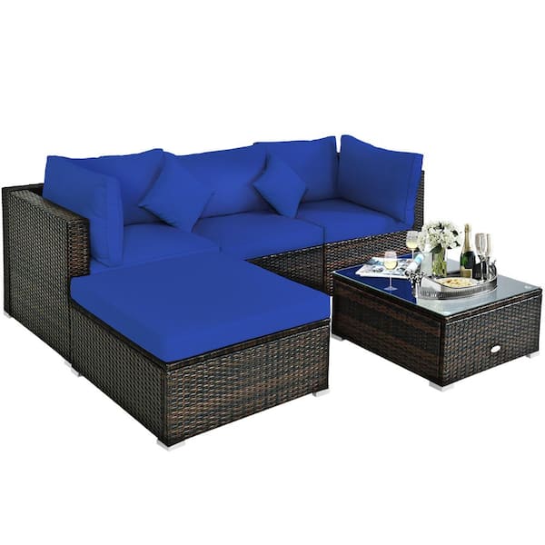 HONEY JOY 4-Piece Wicker Patio Conversation Set Sectional Loveseat Couch Sofa with Storage Box Coffee Table&Navy Cushions