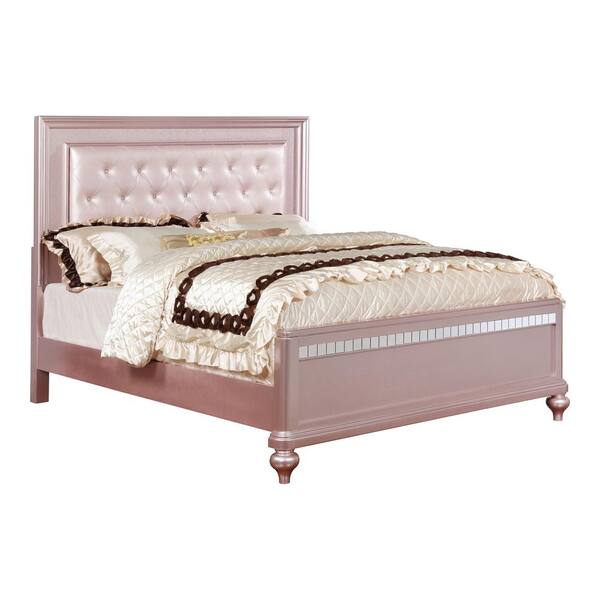 Furniture of America Kloe Pink Wood Frame Queen Panel Bed with Tufted Headboard