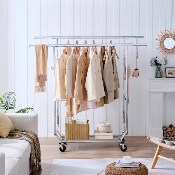 Noble House Carsi Silver Polished Metal Collapsible Double Clothing Rack with Wheels 75 in.
