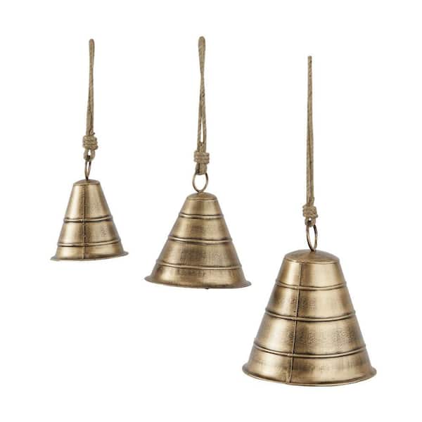 Litton Lane Gold Metal Tibetan Inspired Cylindrical Decorative Bell with Jute Hanging Rope