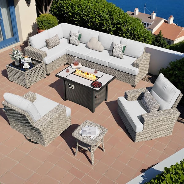 XIZZI Aurea 10-Pieces Wicker Outerdoor Patio Rectangular Fire Pit Set with Grey Cushions