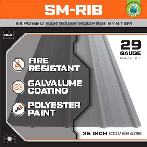 3 ft. x 8 ft. SM-Rib 29-Gauge Galvalume Zinc/Aluminum Coated Steel Roof/Siding Panel in Grey