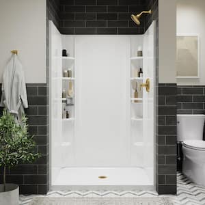 STORE+ 48 in. x 34 in. Single Threshold Center Drain Shower Base with Shower Walls and 12-Piece Accessory Kit in White