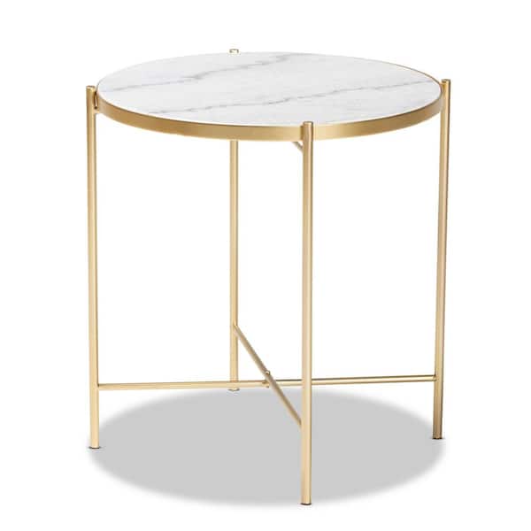 Baxton Studio Maddock 19.3 in. White and Gold Round Marble End Table