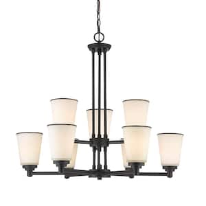 Jarra 9-Light Bronze Indoor Shaded Chandelier Light with Matte Opal Glass Shade with No Bulb Included