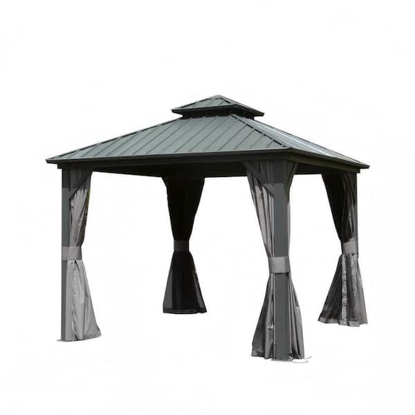 8 ft. x 8 ft. Hardtop Gazebo, Aluminum Metal Gazebo with Galvanized Steel Double Roof Canopy, Curtain and Netting