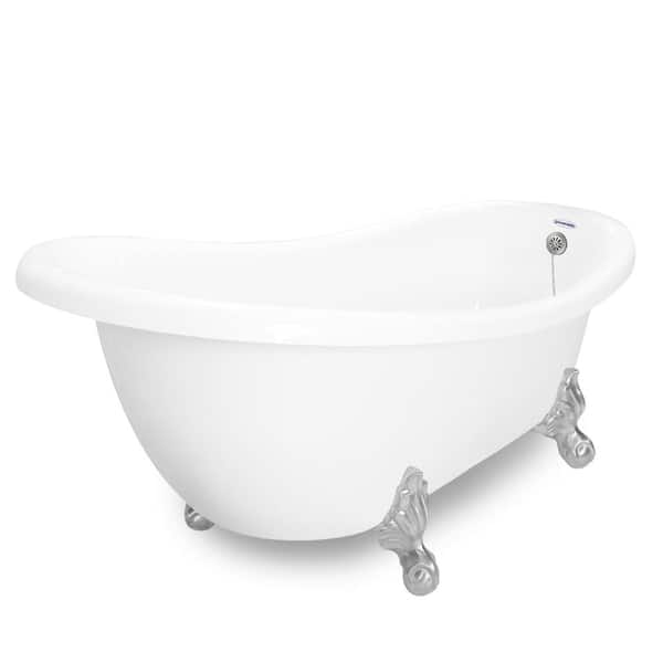 American Bath Factory 71 in. AcraStone Acrylic Slipper Clawfoot Non-Whirlpool Bathtub in White with Large Ball and Claw Feet in Satin Nickel