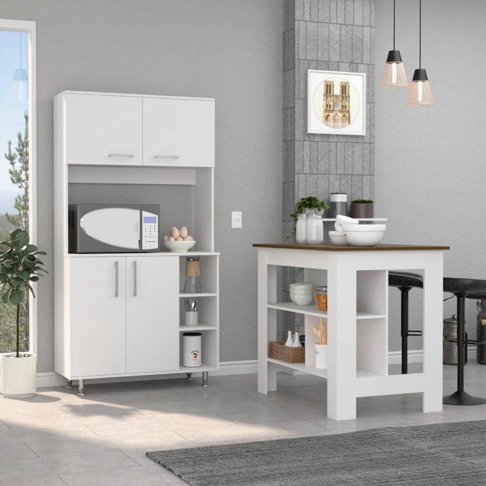 Ralston 7-Shelf 4-Door 2-piece Kitchen Set, Kitchen Island and Pantry Cabinet White and Walnut price history on PriceWatchPro