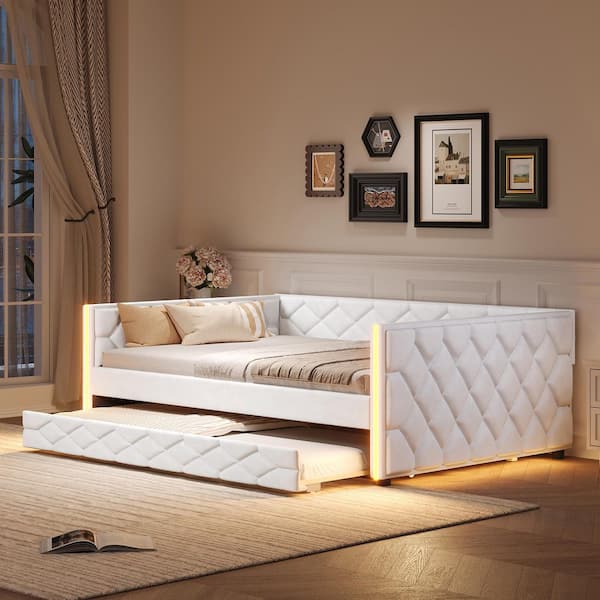 White Full XL Size Daybed with Trundle and LED