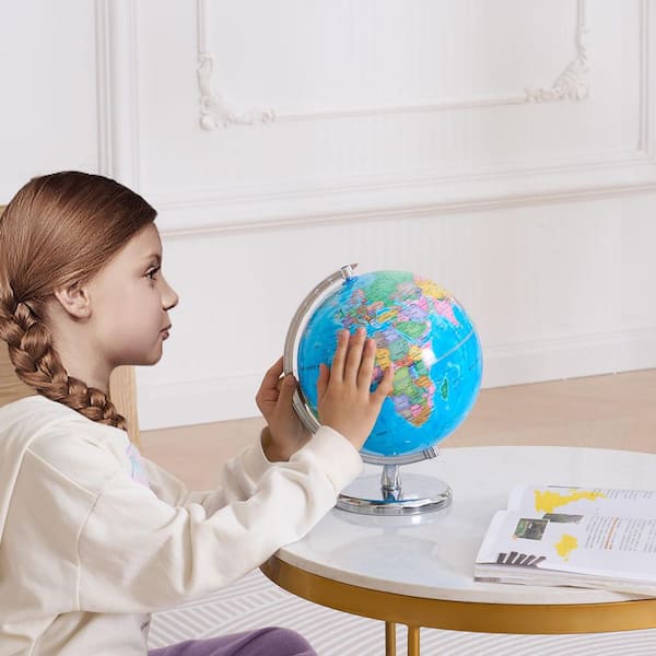 11.02 in. x 8 in. 203.2 mm, Rotating World Globe with Stand, 360° Spinning Globe with Precise Time Zone for Education