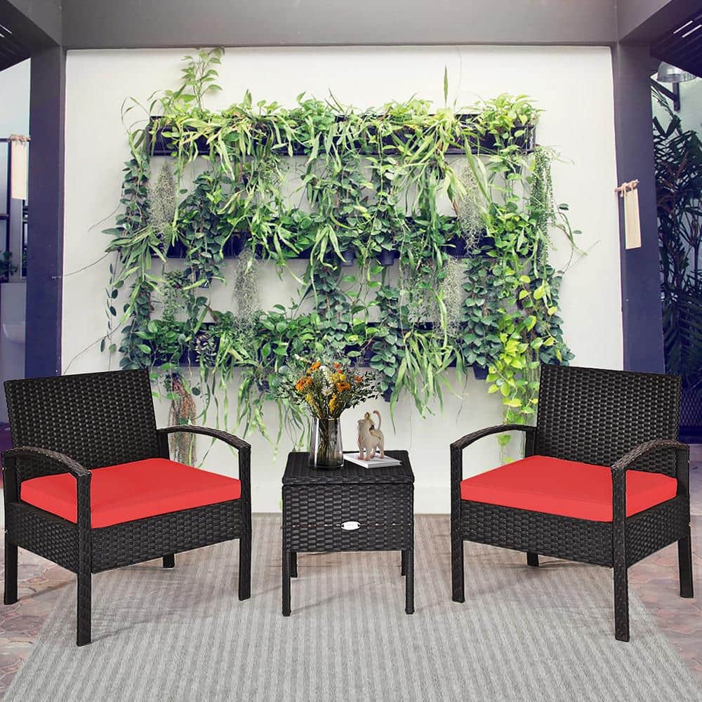 Red Cushioned Black Rattan 2-Person Patio Conversation Set
