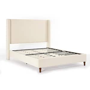 Harper Indoor Upholstered Metal Frame Tall Headboard Queen Platform Bed with Wingback, Beige Boucle