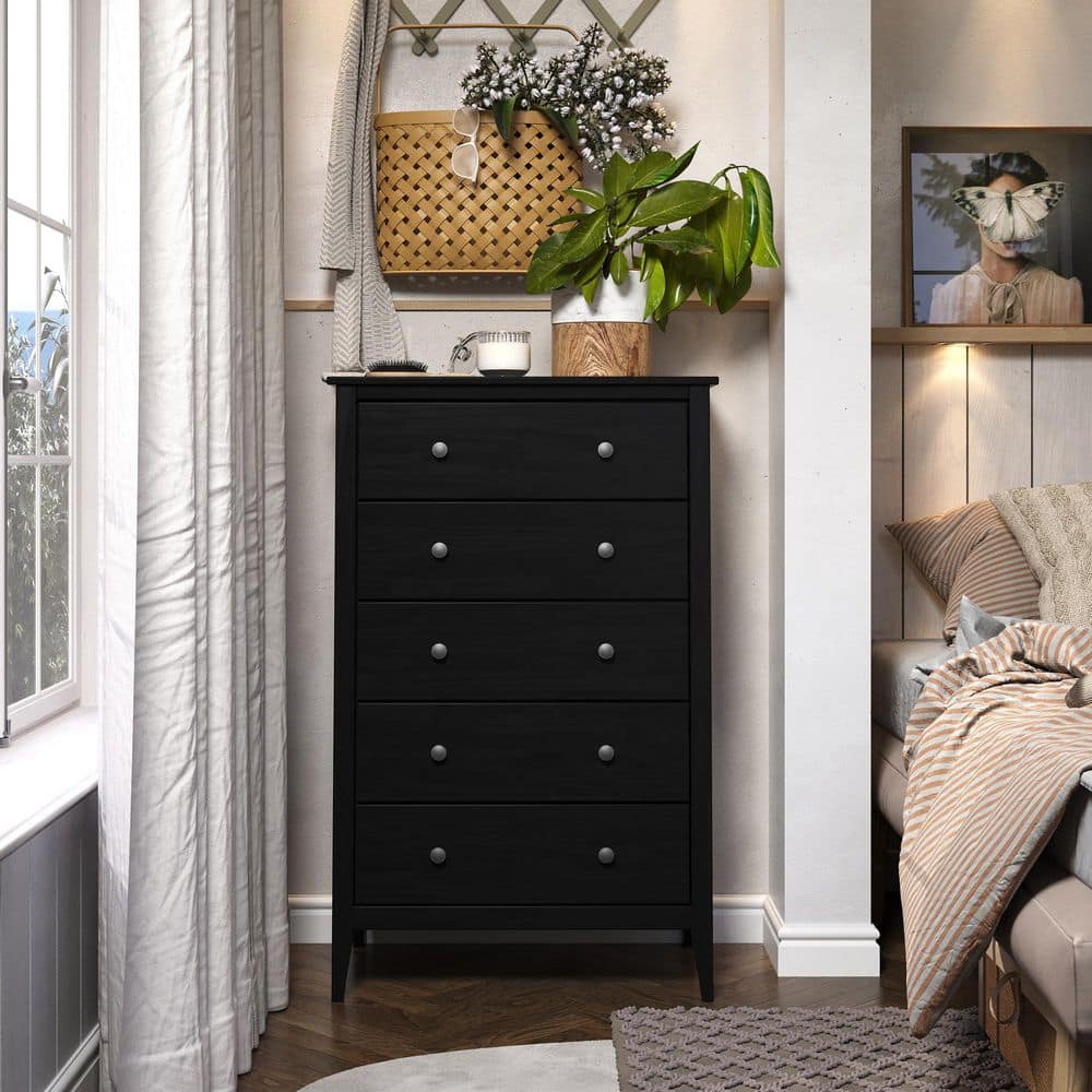 Jela Solid Wood 5 Drawer Dresser - Black