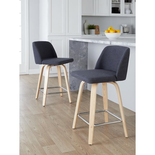 Toriano 24.25 in. Blue Fabric, Natural Wood and Chrome Metal Fixed-Height Counter Stool (Set of 2)