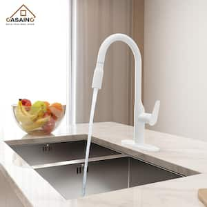 Single Handle Pull-Down Sprayer Kitchen Faucet with Deckplate in Matte White