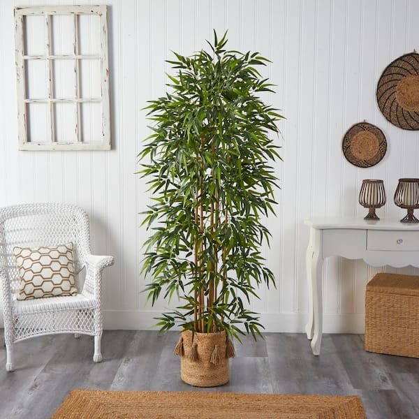 Nearly Natural 6 ft. Green Bamboo Artificial Tree with 1024 Bendable Branches in Handmade Natural Jute Planter with Tassels