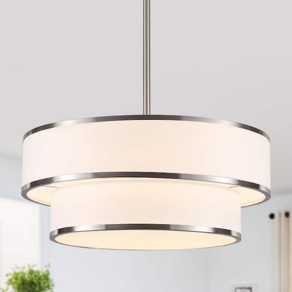 Modern 5-Light Sand Nickel Drum Chandelier Large Farmhouse Pendant Light with 2-Tier with White Fabric Shade