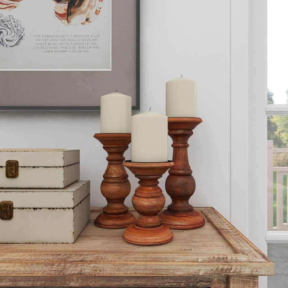 Elegant Rustic Mango Wood Pillar Candle Lantern Trio, Brown Finish