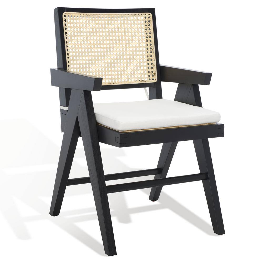 Colette Contemporary Black and Natural Ash Wood Rattan Dining Armchair