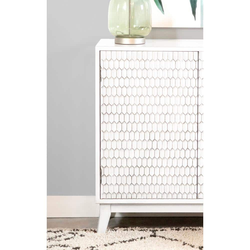 Transitional White 2-Door Accent Cabinet with Geometric Pattern