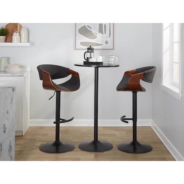 Curvo 33.5 in. Charcoal Fabric, Walnut Wood and Black Metal Adjustable Bar Stool with Rounded T Footrest (Set of 2)