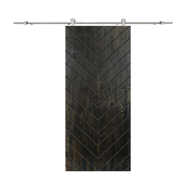 CALHOME Herringbone 30 in. x 84 in. Fully Assembled Charcoal Black Stained Wood Modern Sliding Barn Door with Hardware Kit