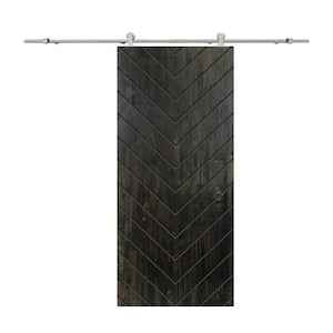 Herringbone 42 in. x 84 in. Fully Assembled Charcoal Black Stained Wood Modern Sliding Barn Door with Hardware Kit