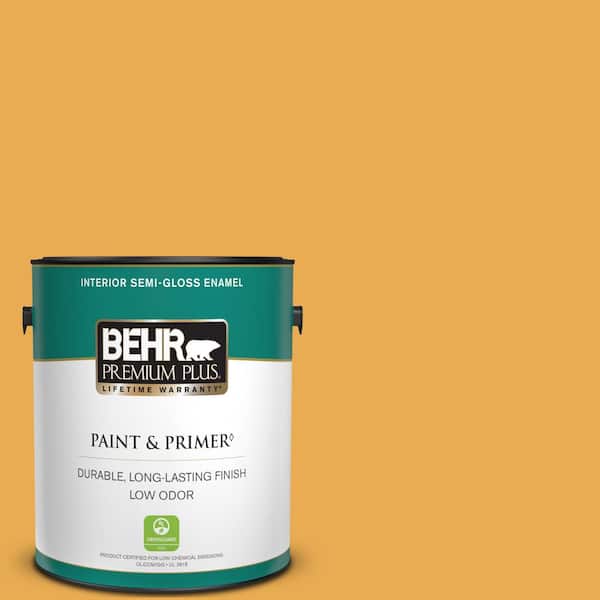 BEHR PREMIUM PLUS 1 gal. #BIC-43 Optimist Gold Semi-Gloss Enamel Low Odor Interior Paint & Primer