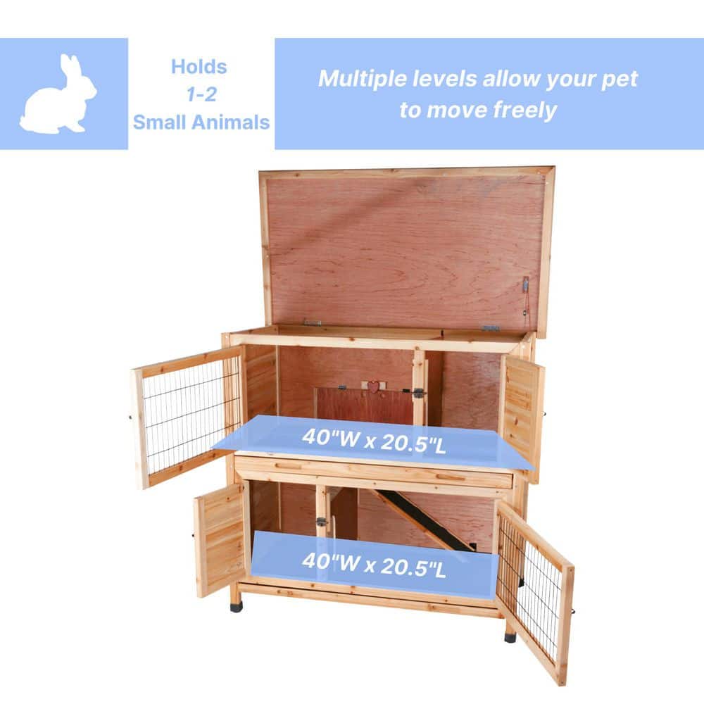 Natural Wooden 2-Story Guinea Pig and Rabbit Hutch with Ramp