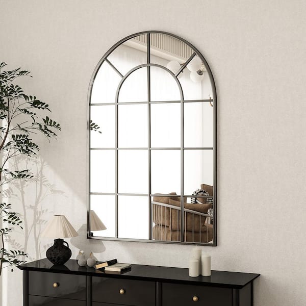 XRAMFY Black 24 in. W x 36 in. H Arched Windowpane Classic Accent Mirror Wall Mirror