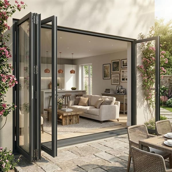 120 in. x 96 in. Black Aluminum Outswing Folding Patio Door 3 Left 1 Right Panels Double Tempered Glass with Lockset