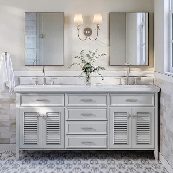 ARIEL Kensington 72.25 in. W x 22 in. D x 36 in. H Double Sink Freestanding Bath Vanity in Grey with Carrara White Quartz Top