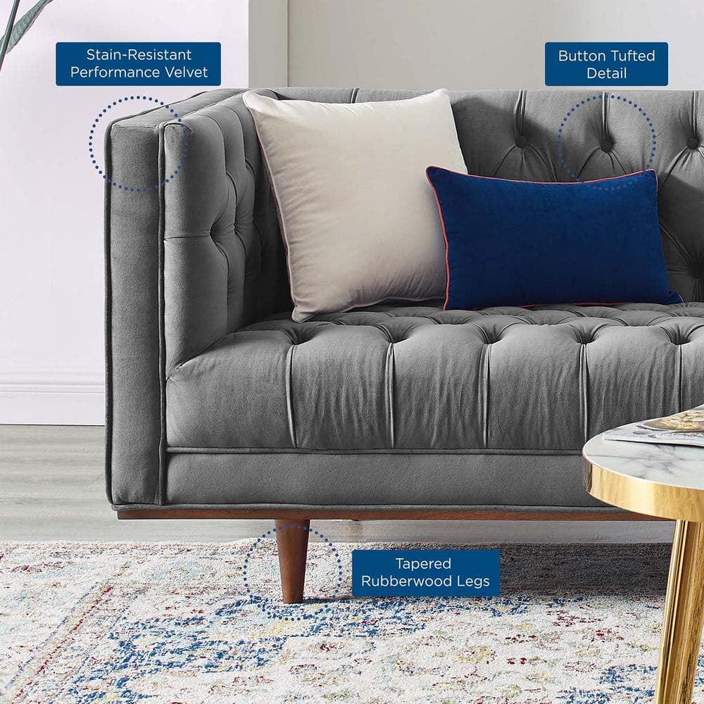 Elation 90.5'' Gray Faux Leather Tufted Sofa with Wood Frame